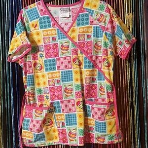 Uniform Advantage Pink and Yellow Blouse with V-Neck